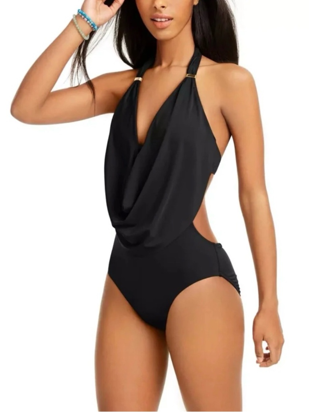 Bar III Black Draped Halter One-Piece size XS